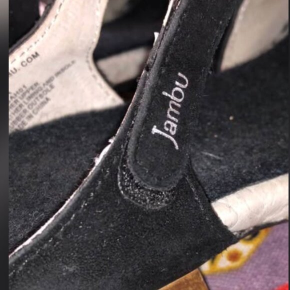 Jambu Sahara Peep Toe Black Suede Leather Wooden Heels Sandals‎ US Size 7.5 M - Picture 3 of 6